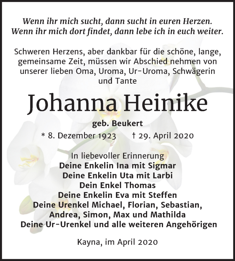  Traueranzeige für Johanna Heinike vom 09.05.2020 aus Mitteldeutsche Zeitung Zeitz