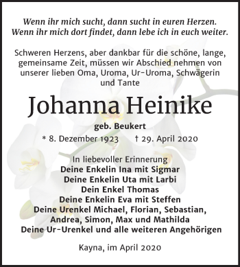 Traueranzeige von Johanna Heinike von Mitteldeutsche Zeitung Zeitz