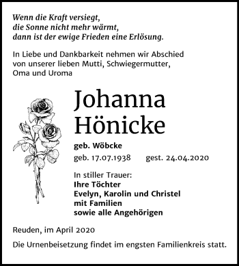 Traueranzeige von Johanna Hönicke von Super Sonntag Wittenberg
