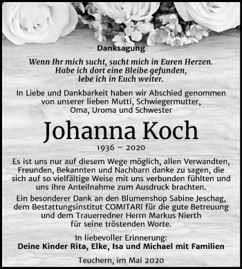 Traueranzeige von Johanna Koch von Mitteldeutsche Zeitung Weißenfels