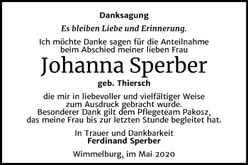 Traueranzeige von Johanna Sperber von Mitteldeutsche Zeitung Mansfelder Land