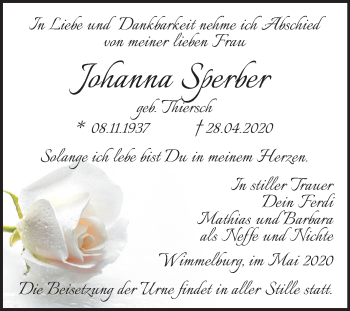 Traueranzeige von Johanna Sperber von Super Sonntag Mansfelder Land