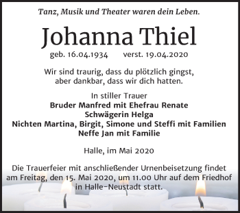 Traueranzeige von Johanna Thiel von Mitteldeutsche Zeitung Halle/Saalkreis