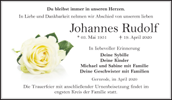 Traueranzeige von Johannes Rudolf von Mitteldeutsche Zeitung Quedlinburg