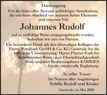Traueranzeige von Johannes Rudolf von Super Sonntag Quedlinburg