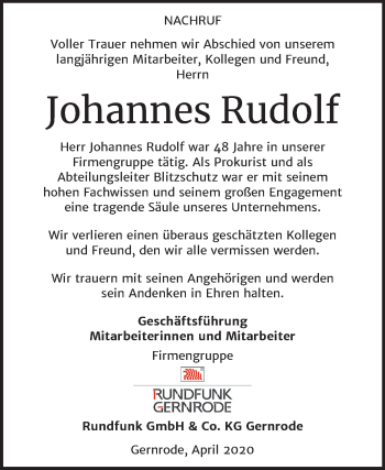 Traueranzeige von Johannes Rudolf von Mitteldeutsche Zeitung Quedlinburg