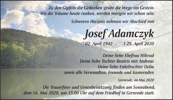 Traueranzeige von Josef Adamczyk von Mitteldeutsche Zeitung Quedlinburg