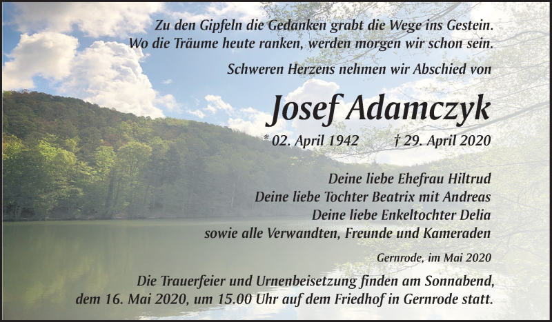  Traueranzeige für Josef Adamczyk vom 09.05.2020 aus Mitteldeutsche Zeitung Quedlinburg