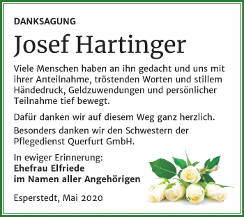 Traueranzeige von Josef Hartinger von Super Sonntag Merseburg/Querfurt