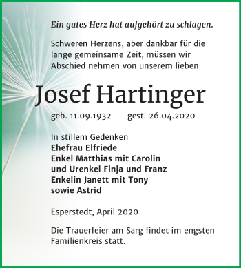 Traueranzeige von Josef Hartinger von Super Sonntag Merseburg/Querfurt