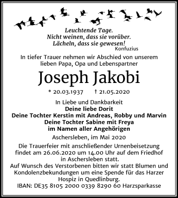 Traueranzeige von Joseph Jakobi von Super Sonntag Aschersleben
