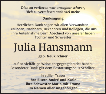 Traueranzeige von Julia Hansmann von Mitteldeutsche Zeitung Bitterfeld