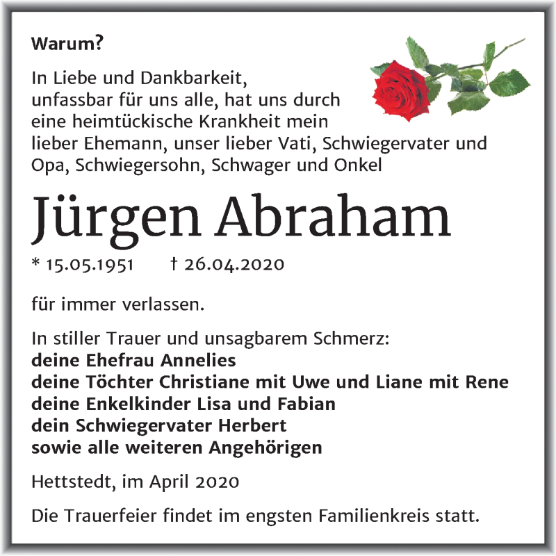  Traueranzeige für Jürgen Abraham vom 02.05.2020 aus Super Sonntag Mansfelder Land