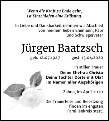 Traueranzeige von Jürgen Baatzsch von Super Sonntag Wittenberg