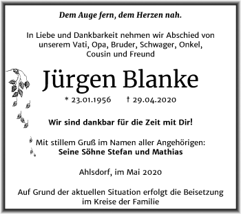 Traueranzeige von Jürgen Blanke von Super Sonntag Mansfelder Land