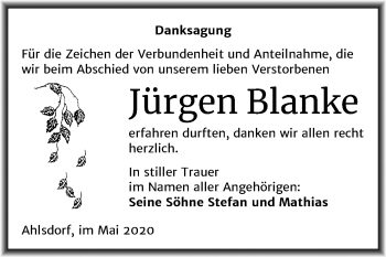 Traueranzeige von Jürgen Blanke von Mitteldeutsche Zeitung Mansfelder Land