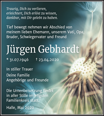 Traueranzeige von Jürgen Gebhardt von Mitteldeutsche Zeitung Halle/Saalkreis / Merseburg/Querfurt