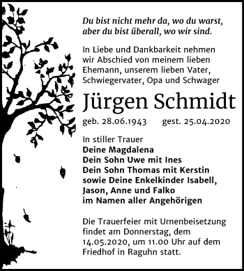 Traueranzeige von Jürgen Schmidt von Mitteldeutsche Zeitung Bitterfeld