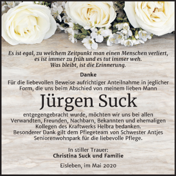Traueranzeige von Jürgen Suck von Mitteldeutsche Zeitung Mansfelder Land