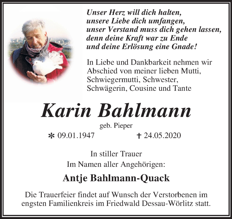 Traueranzeige für Karin Bahlmann vom 30.05.2020 aus Super Sonntag Wittenberg