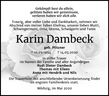 Traueranzeige von Karin Dambeck von Mitteldeutsche Zeitung Köthen