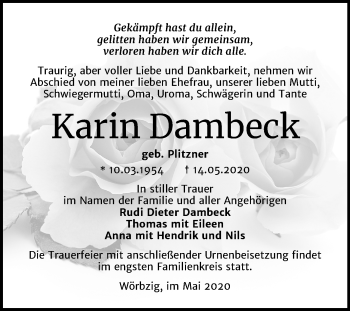 Traueranzeige von Karin Dambeck von Super Sonntag Köthen