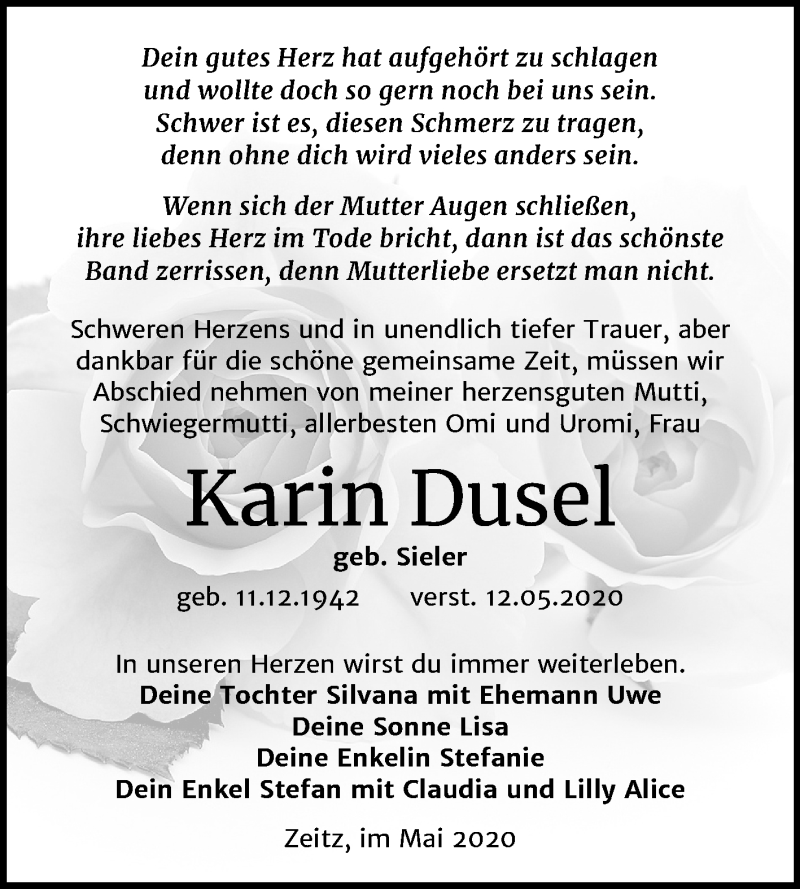  Traueranzeige für Karin Dusel vom 23.05.2020 aus Mitteldeutsche Zeitung Zeitz