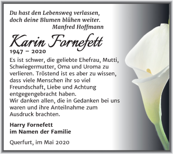 Traueranzeige von Karin Fornefett von Super Sonntag Merseburg/Querfurt