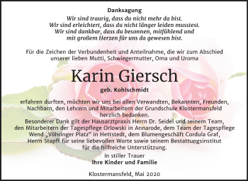 Traueranzeige von Karin Giersch von Super Sonntag Mansfelder Land