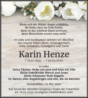 Traueranzeige von Karin Henze von Super Sonntag Aschersleben