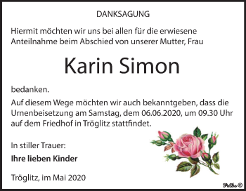 Traueranzeige von Karin Simon von Mitteldeutsche Zeitung Zeitz