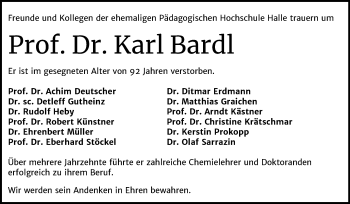 Traueranzeige von Karl Bardl von Mitteldeutsche Zeitung Halle/Saalkreis