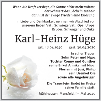 Traueranzeige von Karl-Heinz Hüge von Super Sonntag Mansfelder Land
