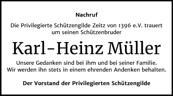 Traueranzeige von Karl-Heinz Müller von Mitteldeutsche Zeitung Zeitz