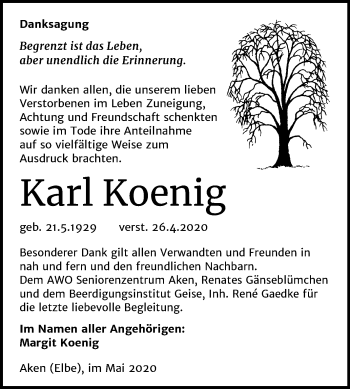 Traueranzeige von Karl Koenig von Mitteldeutsche Zeitung Köthen
