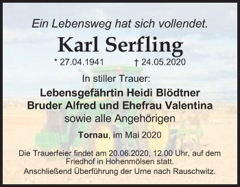 Traueranzeige von Karl Serfling von Mitteldeutsche Zeitung Weißenfels