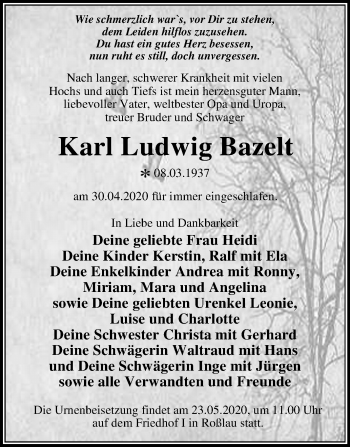 Traueranzeige von Karl Ludwig Bazelt von Mitteldeutsche Zeitung Dessau-Roßlau