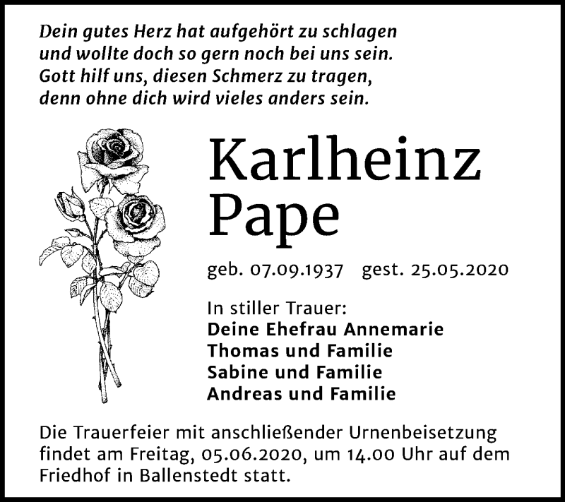  Traueranzeige für Karlheinz Pape vom 30.05.2020 aus Super Sonntag Quedlinburg