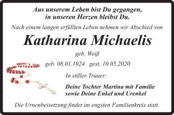Traueranzeige von Katharina Michaelis von Mitteldeutsche Zeitung Quedlinburg