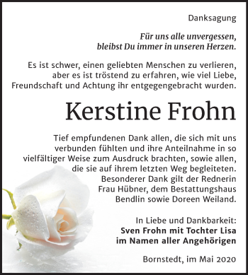 Traueranzeige von Kerstine Frohn von Super Sonntag Mansfelder Land