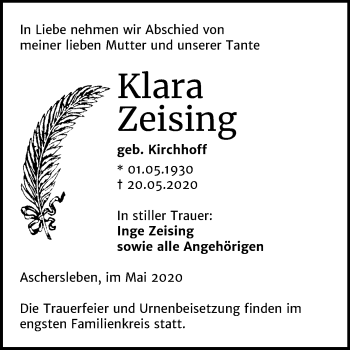 Traueranzeige von Klara Zeising von Super Sonntag Aschersleben