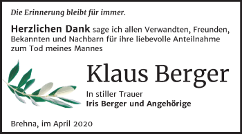 Traueranzeige von Klaus Berger von Mitteldeutsche Zeitung Bitterfeld