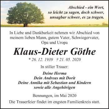 Traueranzeige von Klaus-Dieter Göthe von Super Sonntag Sangerhausen