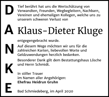 Traueranzeige von Klaus-Dieter Kluge von Mitteldeutsche Zeitung Wittenberg