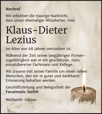 Traueranzeige von Klaus-Dieter Lezius von Super Sonntag Köthen
