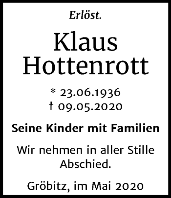 Traueranzeige von Klaus Hottenrott von Wochenspiegel Weißenfels