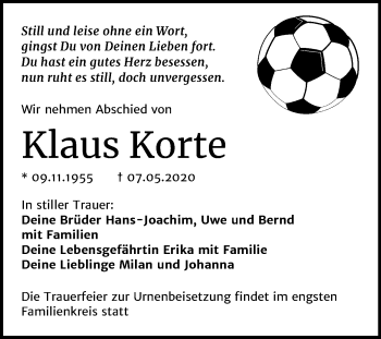 Traueranzeige von Klaus Korte von Mitteldeutsche Zeitung Mansfelder Land