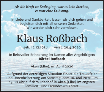 Traueranzeige von Klaus Roßbach von Super Sonntag Köthen