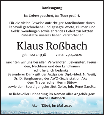 Traueranzeige von Klaus Roßbach von Mitteldeutsche Zeitung Köthen