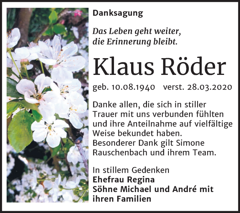  Traueranzeige für Klaus Röder vom 09.05.2020 aus Mitteldeutsche Zeitung Naumburg/Nebra